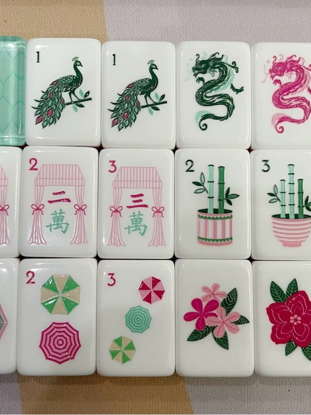 Mahjong Tile Set - Pink & Green Floral Bamboo Design